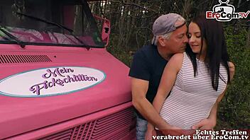 Small boobed teen gets picked up by old man for a hot scene in a car