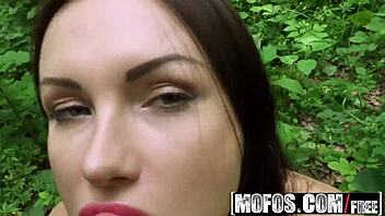 Russian brunette Sasha Rose bangs outdoors in public