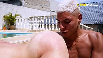 Young friends fuck bareback on the house porch