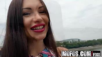 Russian brunette Sasha Rose bangs outdoors in public