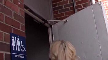 Haley Cummings has great big tits while giving a gloryhole blowjob to a black bull