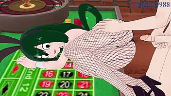 Nejire Hado and Tsuyu Asui have intense sex with Izuku Midoriya in bunny girl outfits from My Hero Academia hentai