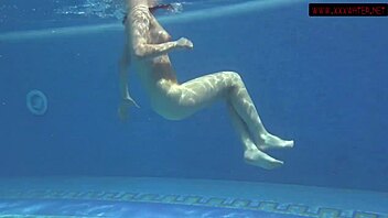 Super Hot Teen 18+ Mia Ferrari Strips Red Lingerie by Pool for Underwater Tease