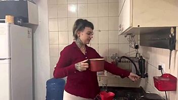 Blonde Brazilian prepares morning coffee in a special way