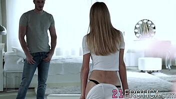 A blonde babe teases her man with a big cock before a sensual blowjob.