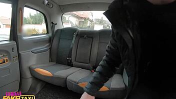 Female fake taxi driver shows off big natural boobs while banging customer