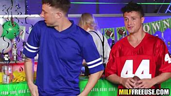 Hot blonde freeused in threesome by football fans