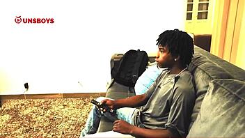 A skinny black straight guy takes a shower at his gay friend's house, leading to a homemade handjob and ass play.