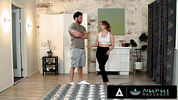 Stacked redhead masseuse rides Seth Gamble's hard cock during erotic nuru session