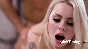 Haley Spades, petite blonde with small tits, moans as old man licks her pussy.