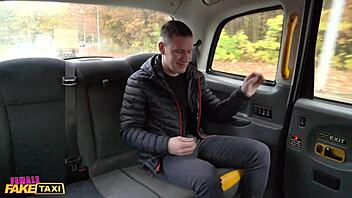 Female fake taxi driver shows off big natural boobs while banging customer