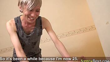 Skinny Japanese twink jerks his cock to cum