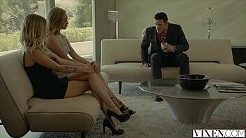 Vixen seduces her rich boss and gets a threesome with two blondes