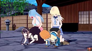 3D animated cosplay orgy with old and young couples