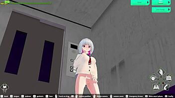 H-game's elevator scene with train fetish and female ejaculation
