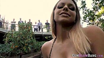 Black beauty gets a mouthful of cum in a blowbang scene