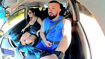 Naughty passenger drives Uber guy wild with her tight ass tricks.