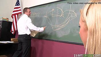 Blonde teen with braces, Kaley Hilton, gets her tight pussy drilled hard in class!