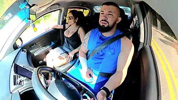 Naughty passenger drives Uber guy wild with her tight ass tricks.