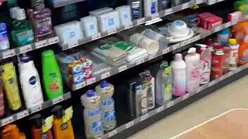 Asian ladyboy shows new thong in convenience store