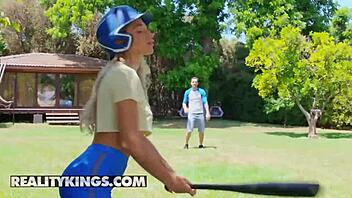Alex Legend And Abella Danger Swing Bats And Suck In Sporty Action.
