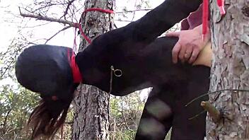 Petite teen tied up outdoors for rough anal sex