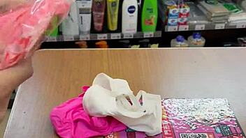 Asian ladyboy shows new thong in convenience store