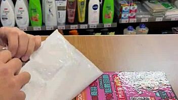 Asian ladyboy shows new thong in convenience store