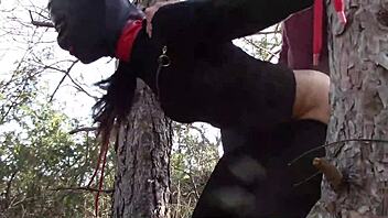 Petite teen tied up outdoors for rough anal sex