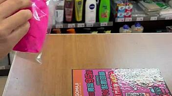 Asian ladyboy shows new thong in convenience store