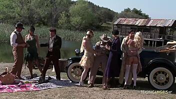 Girls ride cock in outdoor group sex 😉