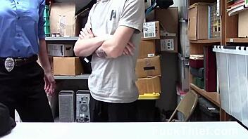 guy caught stealing, wanna see how female officer dominates with monster cock at work?