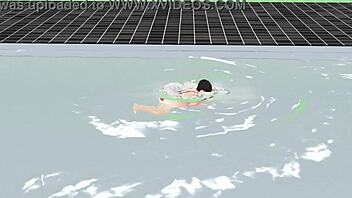 Anime girl swims in small micro bikini with nip slip