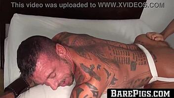 that inked muscular bodybuilder is roughly assfucking his submissive bottom bareback