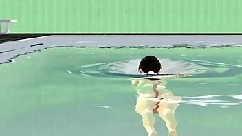 Anime girl swims in small micro bikini with nip slip