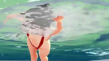 Anime girl swims in small micro bikini with nip slip