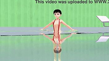 Anime girl swims in small micro bikini with nip slip