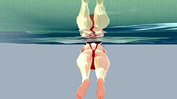 Anime girl swims in small micro bikini with nip slip