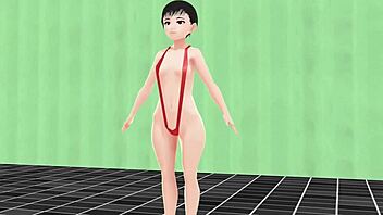 Anime girl swims in small micro bikini with nip slip