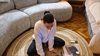 A brunette amateur gives a blowjob and swallows cum.