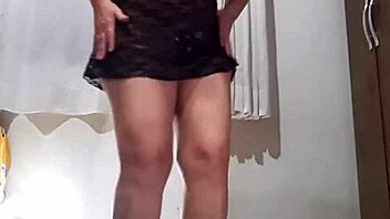 Undressing transparent black skirt and sexy yellow panties