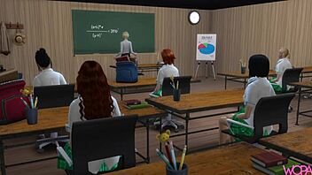 Red-haired teacher and student in steamy 3D cartoon