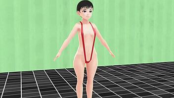 アニメ娘が小さなマイクロビキニで泳いで乳首チラ