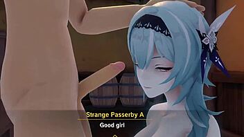 Eula from genshin impact in 3d animated group scene