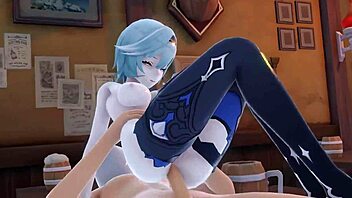 Eula from genshin impact in 3d animated group scene