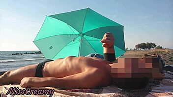Risky public beach cock flash with stepdaughter aiding cumshot