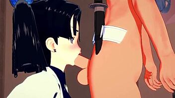 Aoi Kanazaki and Tanjiro share intense hentai passion with sucking and fucking in Japanese anime style.