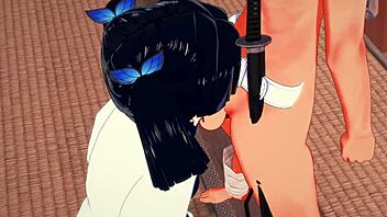 Aoi Kanazaki and Tanjiro share intense hentai passion with sucking and fucking in Japanese anime style.