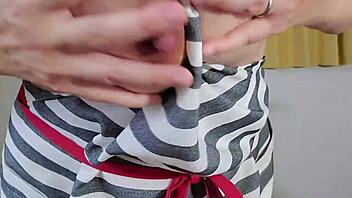 chubby german asian milf bride teases with big tits while masturbating in apron