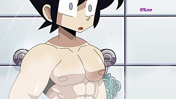Busty brunette seduces young big cock in shower anime